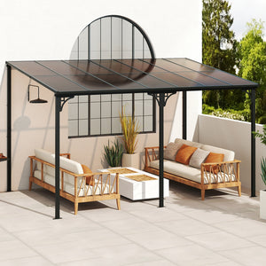 Wall-Mounted Patio Gazebo Large Outdoor Hardtop Pergola with Sloped Polycarbonate Roof-Black view 2