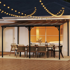 Wall-Mounted Patio Gazebo Large Outdoor Hardtop Pergola with Sloped Polycarbonate Roof-Black view 3