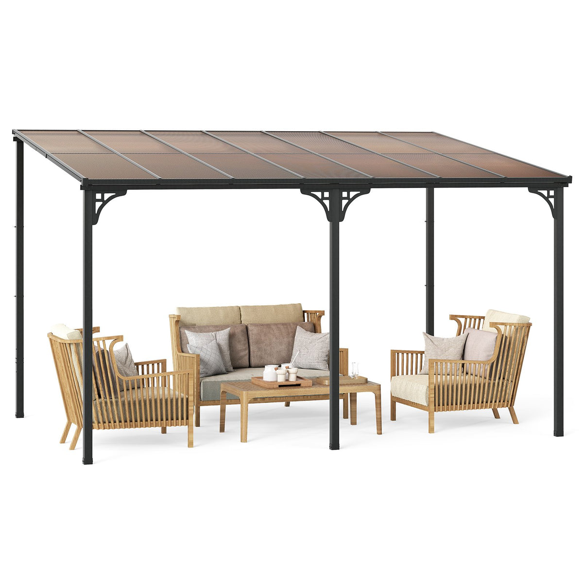 Wall-Mounted Patio Gazebo Large Outdoor Hardtop Pergola with Sloped Polycarbonate Roof-Black view 4