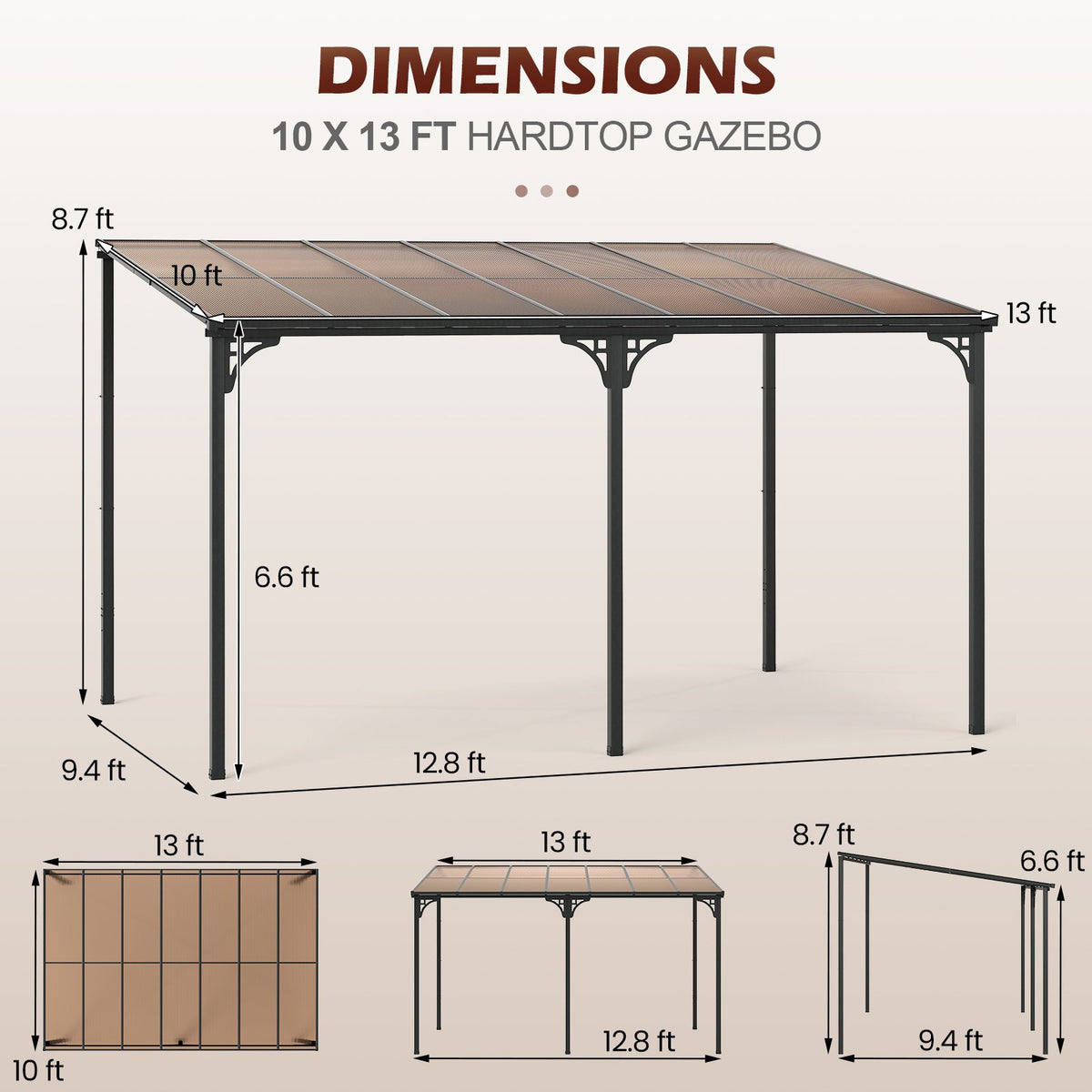 Wall-Mounted Patio Gazebo Large Outdoor Hardtop Pergola with Sloped Polycarbonate Roof-Black view 5