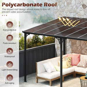 Wall-Mounted Patio Gazebo Large Outdoor Hardtop Pergola with Sloped Polycarbonate Roof-Black view 6