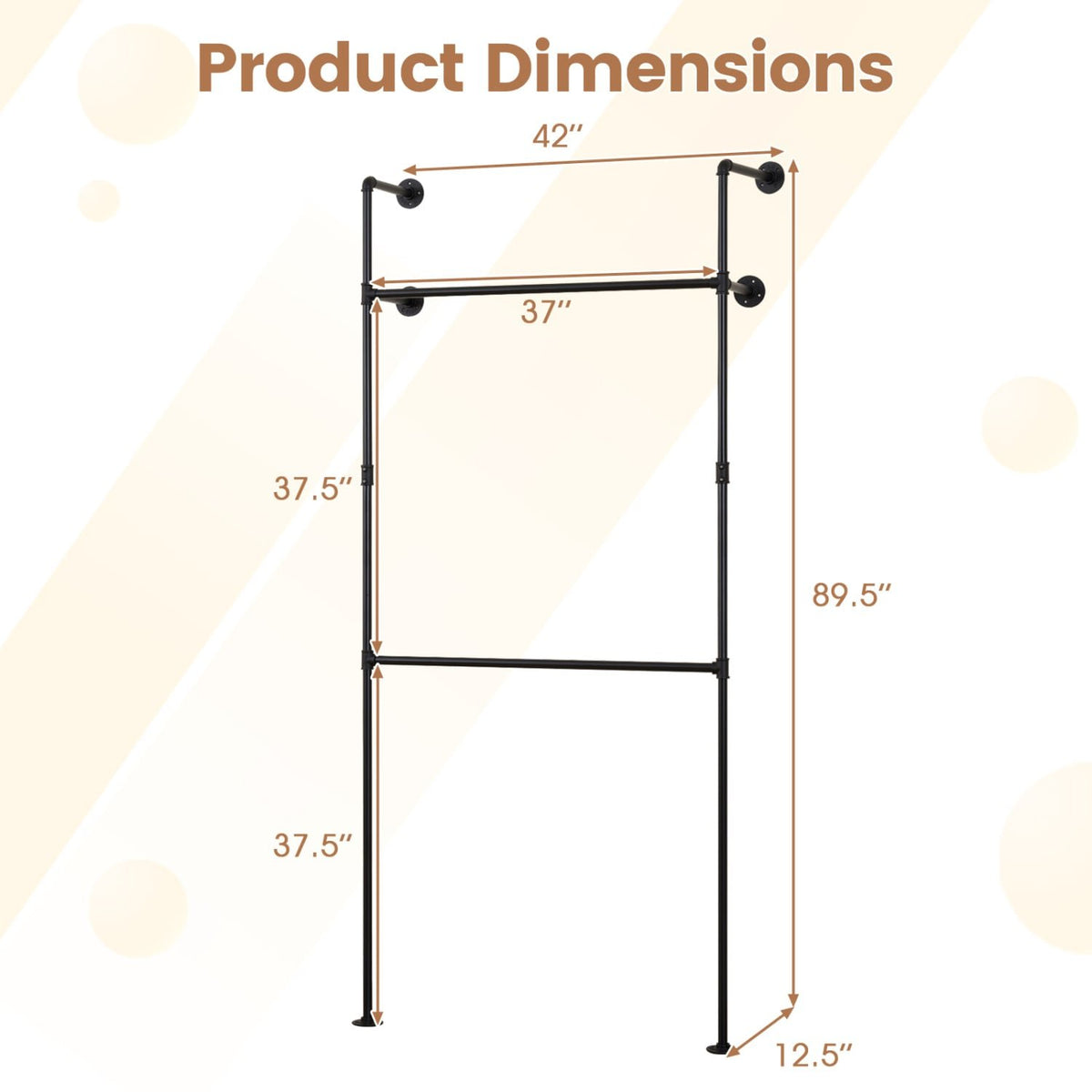 Wall Mounted Pipe Clothing Rack with 2 Hanging Rods-Black view 5