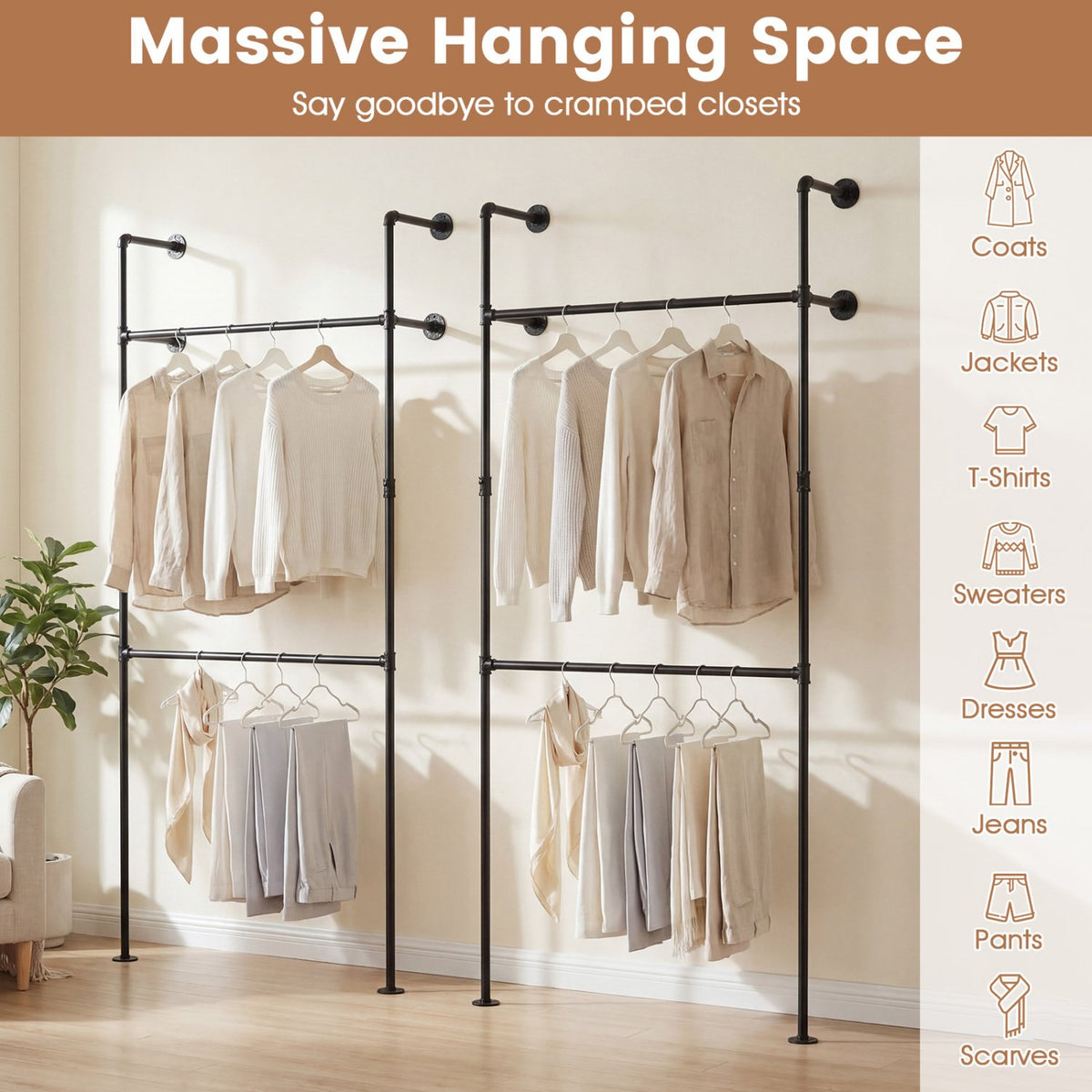 Wall Mounted Pipe Clothing Rack with 2 Hanging Rods-Black view 7