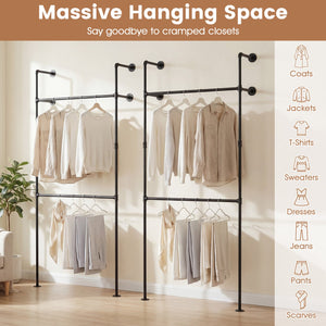 Wall Mounted Pipe Clothing Rack with 2 Hanging Rods-Black view 7