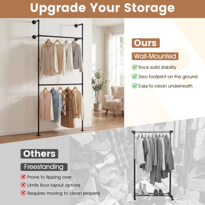Wall Mounted Pipe Clothing Rack with 2 Hanging Rods-Black view 8