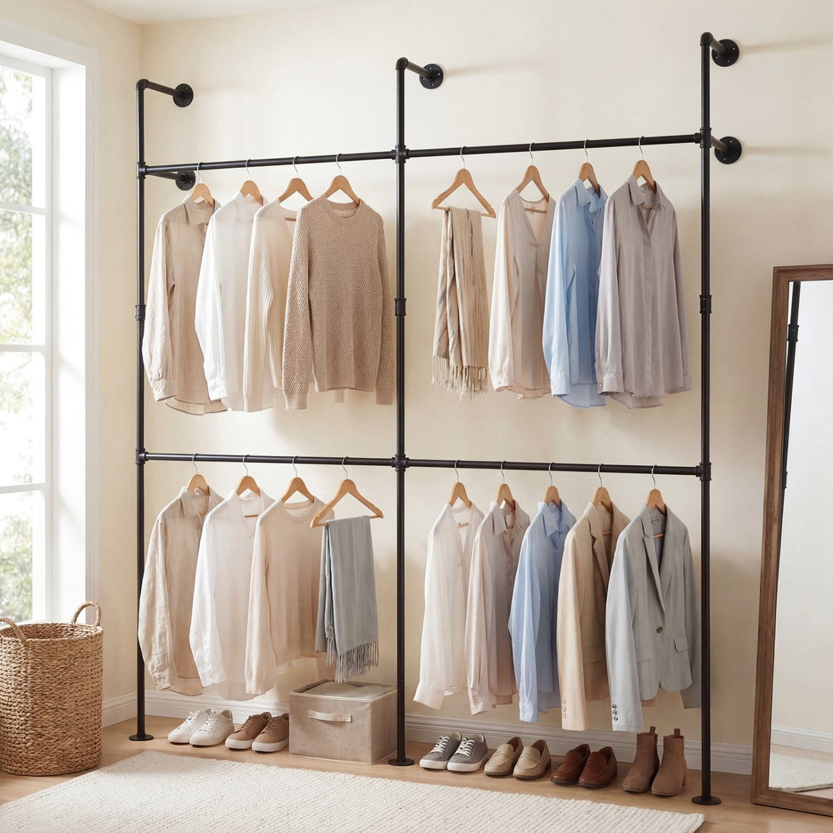 Wall Mounted Pipe Clothing Rack with 4 Hanging Rods-Black view 2