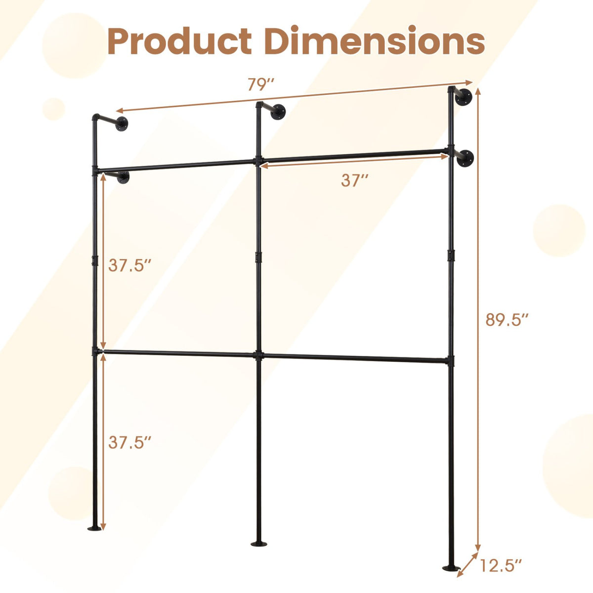 Wall Mounted Pipe Clothing Rack with 4 Hanging Rods-Black view 5