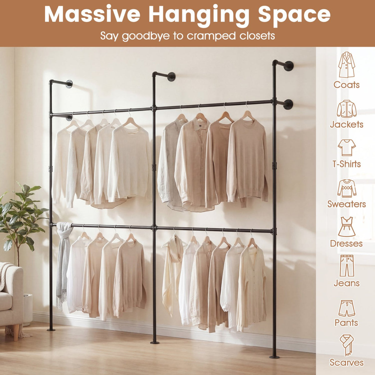 Wall Mounted Pipe Clothing Rack with 4 Hanging Rods-Black view 7