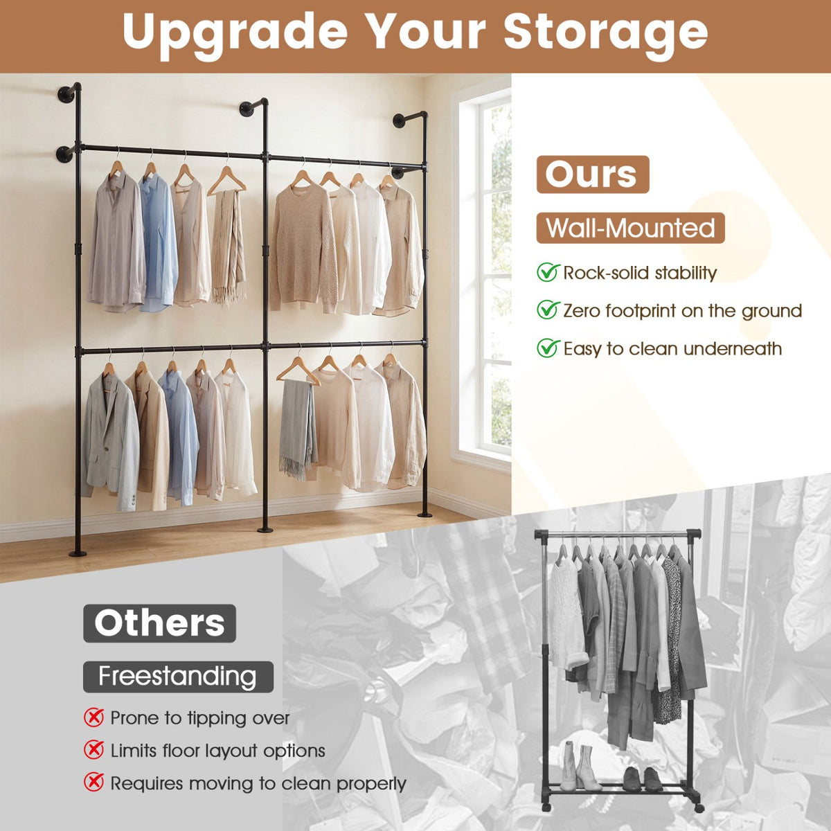 Wall Mounted Pipe Clothing Rack with 4 Hanging Rods-Black view 8