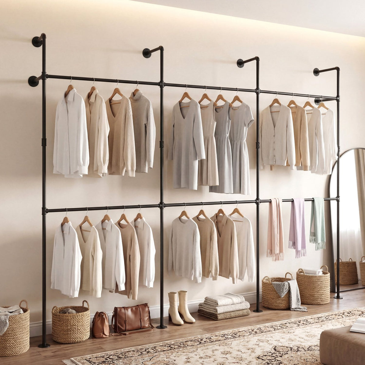 Wall Mounted Pipe Clothing Rack with 6 Hanging Rods-Black view 3