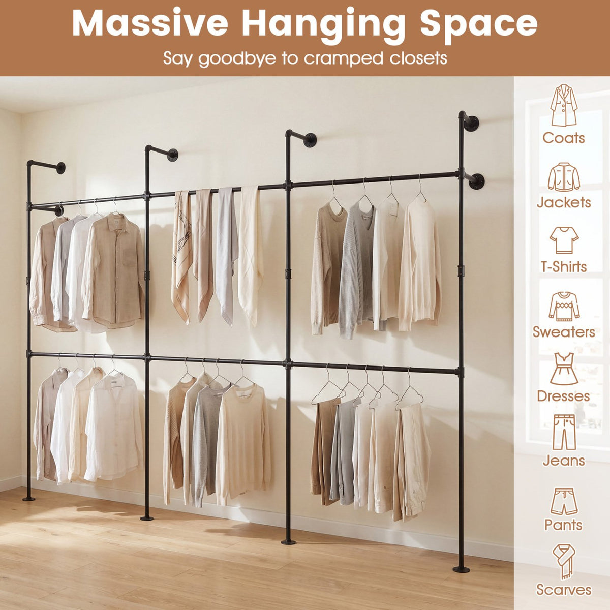 Wall Mounted Pipe Clothing Rack with 6 Hanging Rods-Black view 7
