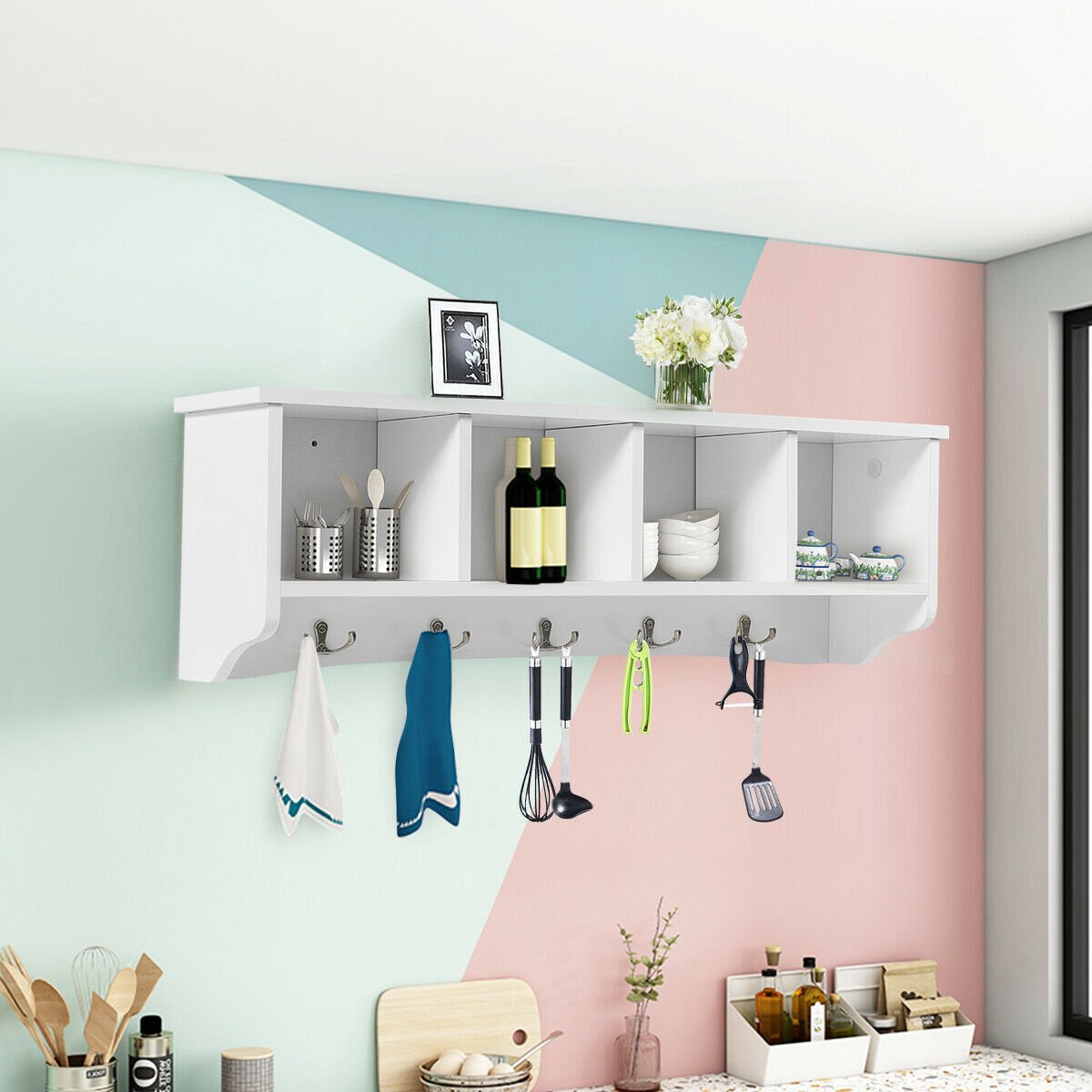 Wall-Mounted Storage Cabinet Hanging Entryway Shelf Coat Rack view 7