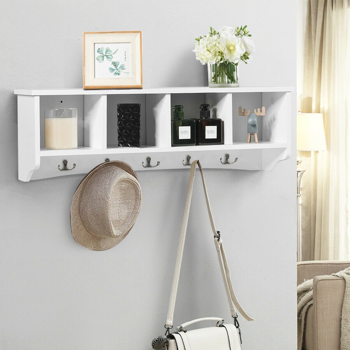 Wall-Mounted Storage Cabinet Hanging Entryway Shelf Coat Rack view 8