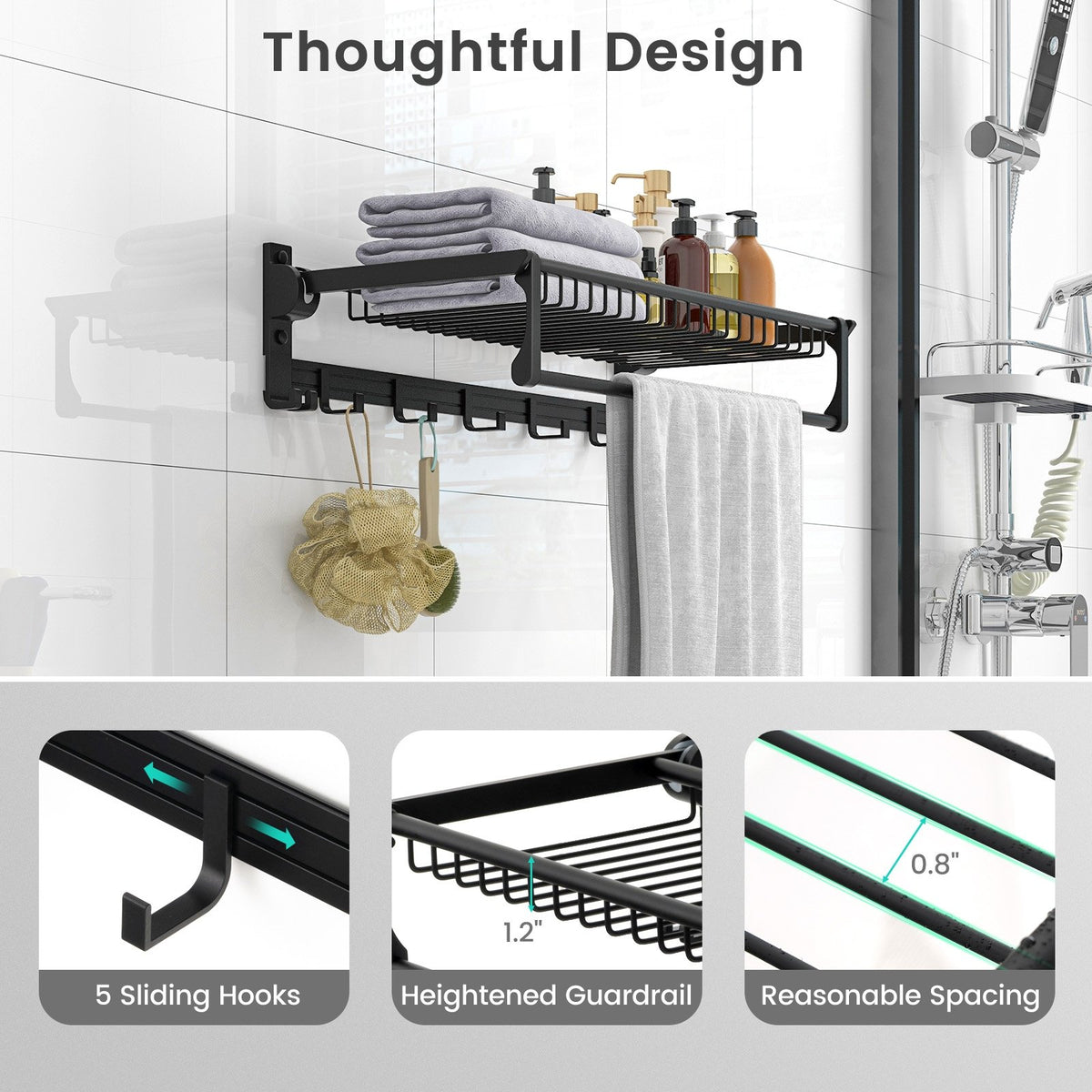 Wall Mounted Towel Shelf with Adjustable Towel Bar and Movable Hooks No Assembly Required view 7