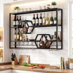 Wall Mounted Wine Rack 47 inches Large Floating Bar Shelves-Black view 2