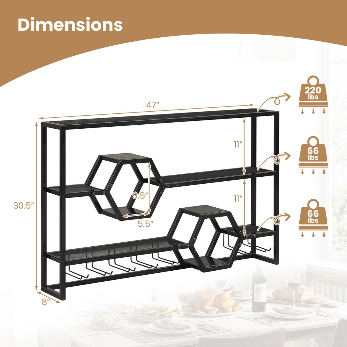 Wall Mounted Wine Rack 47 inches Large Floating Bar Shelves-Black view 5