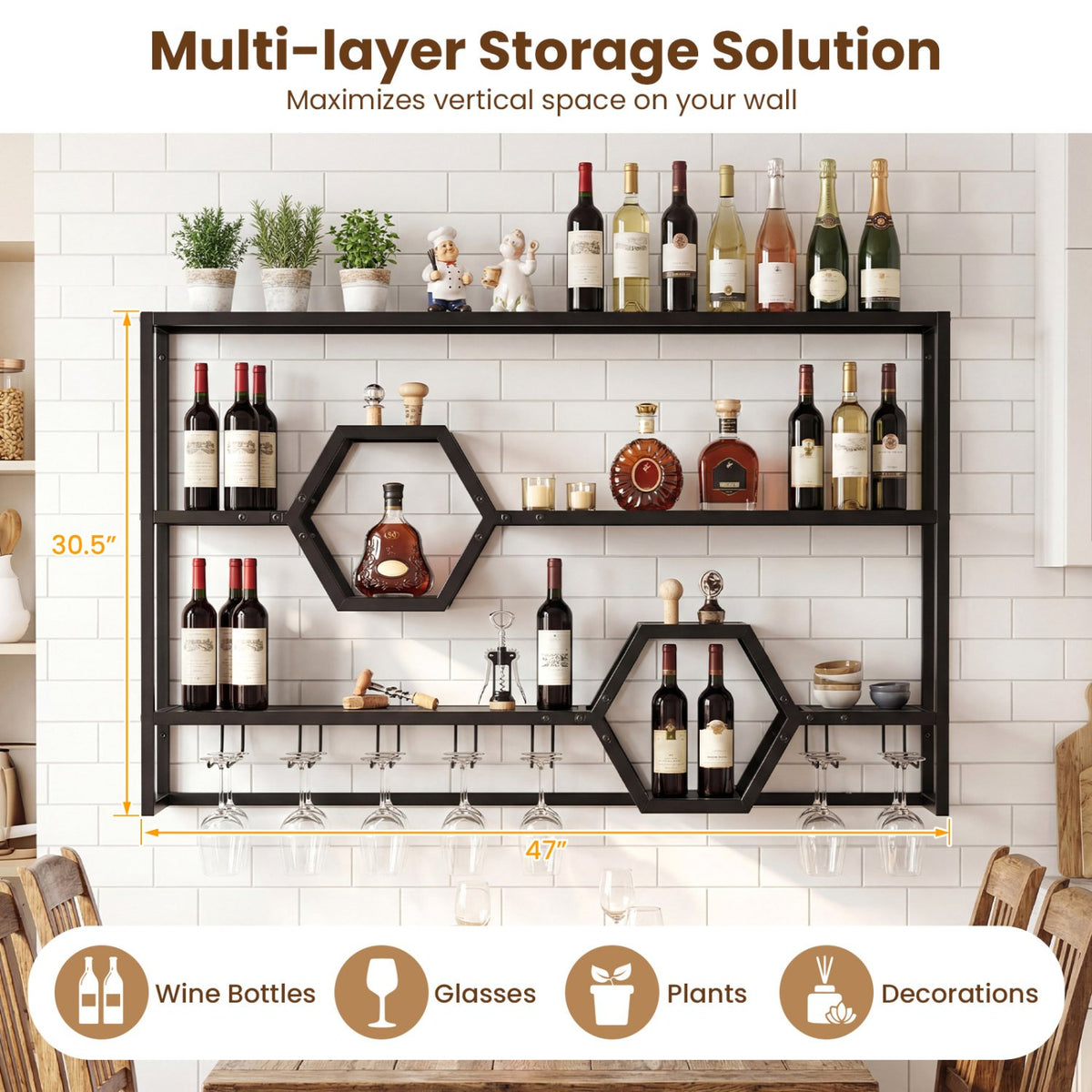 Wall Mounted Wine Rack 47 inches Large Floating Bar Shelves-Black view 7