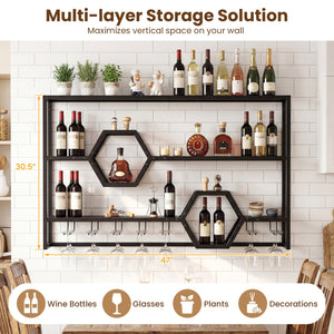 Wall Mounted Wine Rack 47 inches Large Floating Bar Shelves-Black view 7