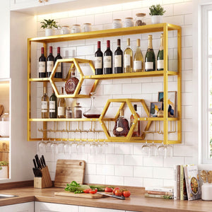Wall Mounted Wine Rack 47 inches Large Floating Bar Shelves-Gold view 2