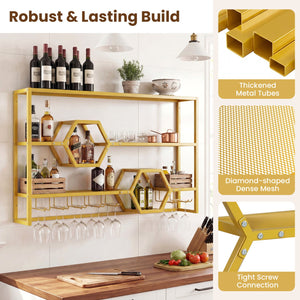 Wall Mounted Wine Rack 47 inches Large Floating Bar Shelves-Gold view 7