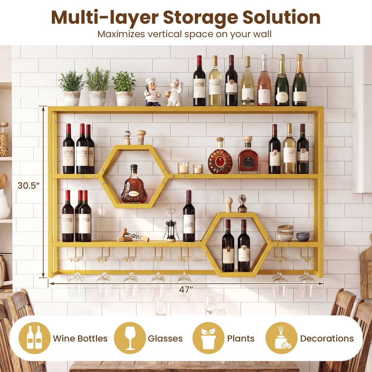 Wall Mounted Wine Rack 47 inches Large Floating Bar Shelves-Gold view 8