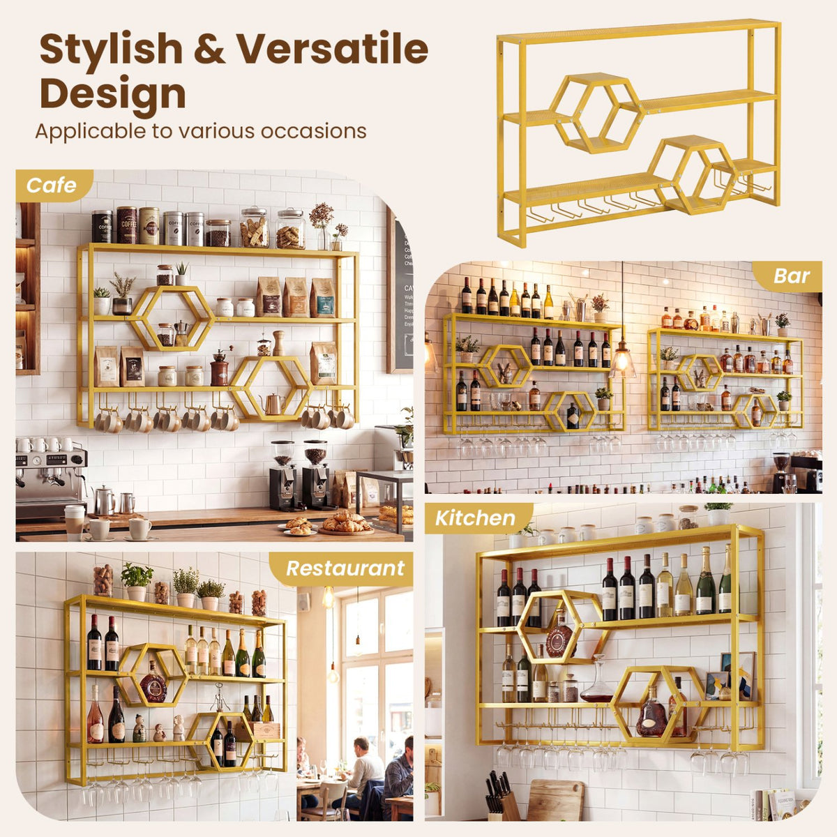 Wall Mounted Wine Rack 47 inches Large Floating Bar Shelves-Gold view 9