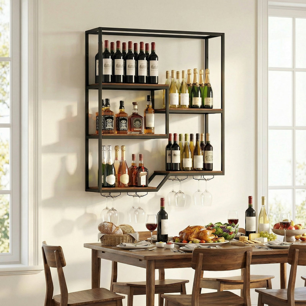Wall Mounted Wine Rack 6-Tier Hanging Bar Shelf with Bottle Display Shelf and Glass Holder-Rustic Brown view 2