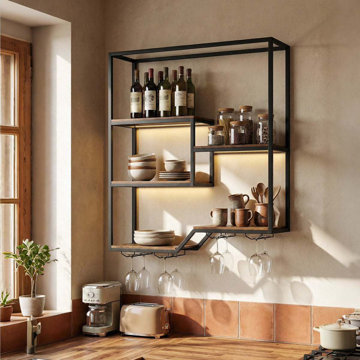 Wall Mounted Wine Rack 6-Tier Hanging Bar Shelf with Bottle Display Shelf and Glass Holder-Rustic Brown view 3