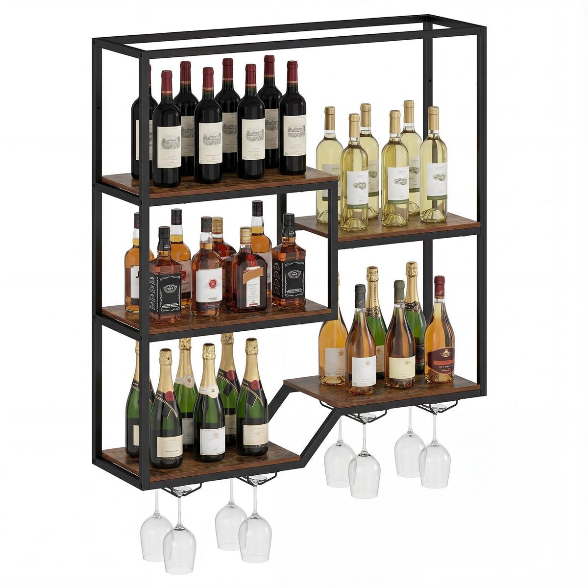 Wall Mounted Wine Rack 6-Tier Hanging Bar Shelf with Bottle Display Shelf and Glass Holder-Rustic Brown view 4