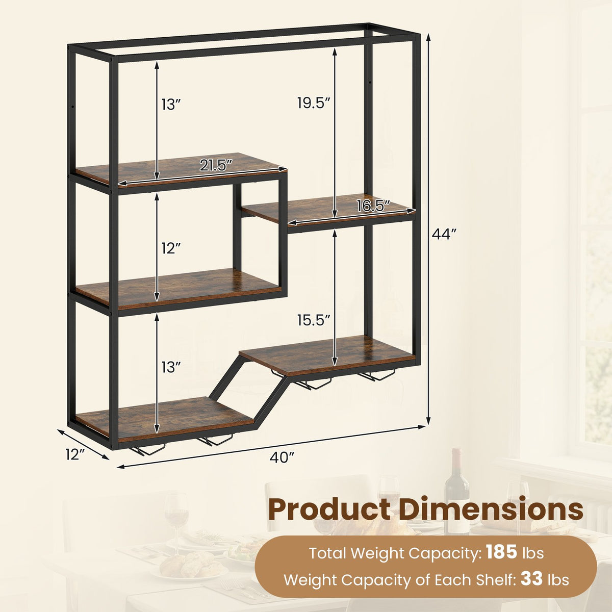 Wall Mounted Wine Rack 6-Tier Hanging Bar Shelf with Bottle Display Shelf and Glass Holder-Rustic Brown view 5