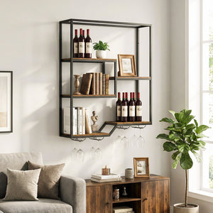 Wall Mounted Wine Rack 6-Tier Hanging Bar Shelf with Bottle Display Shelf and Glass Holder-Rustic Brown view 6