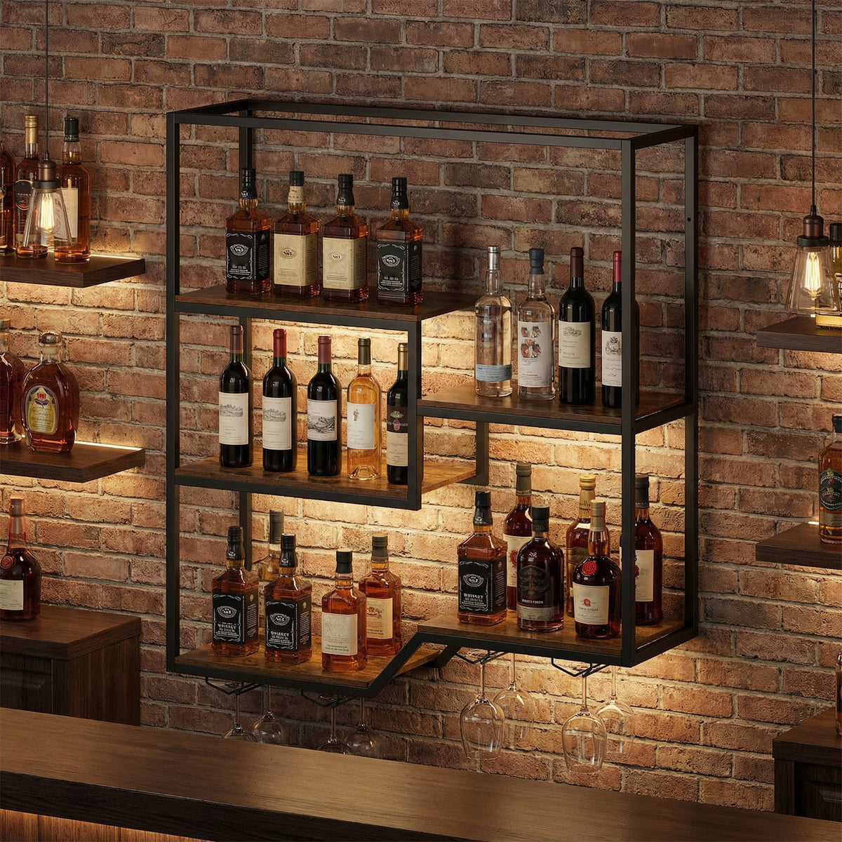 Wall Mounted Wine Rack 6-Tier Hanging Bar Shelf with Bottle Display Shelf and Glass Holder-Rustic Brown view 7