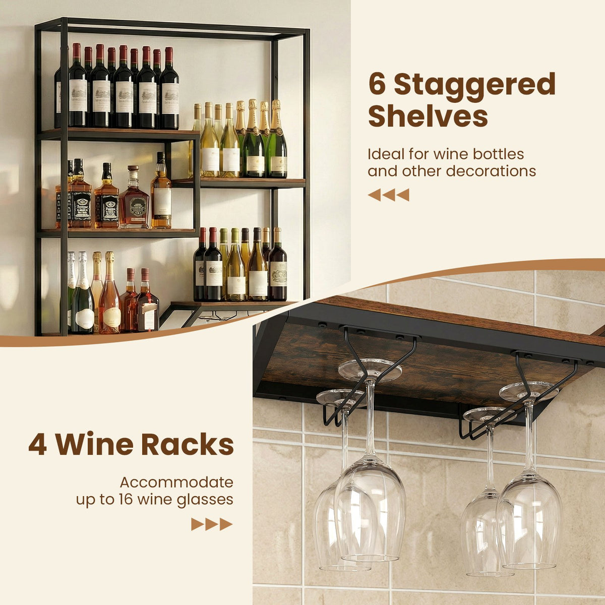 Wall Mounted Wine Rack 6-Tier Hanging Bar Shelf with Bottle Display Shelf and Glass Holder-Rustic Brown view 8