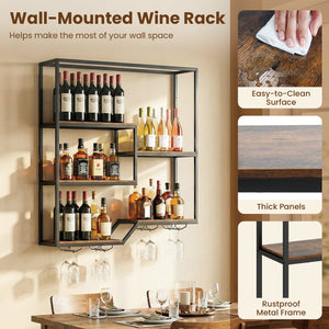 Wall Mounted Wine Rack 6-Tier Hanging Bar Shelf with Bottle Display Shelf and Glass Holder-Rustic Brown view 9