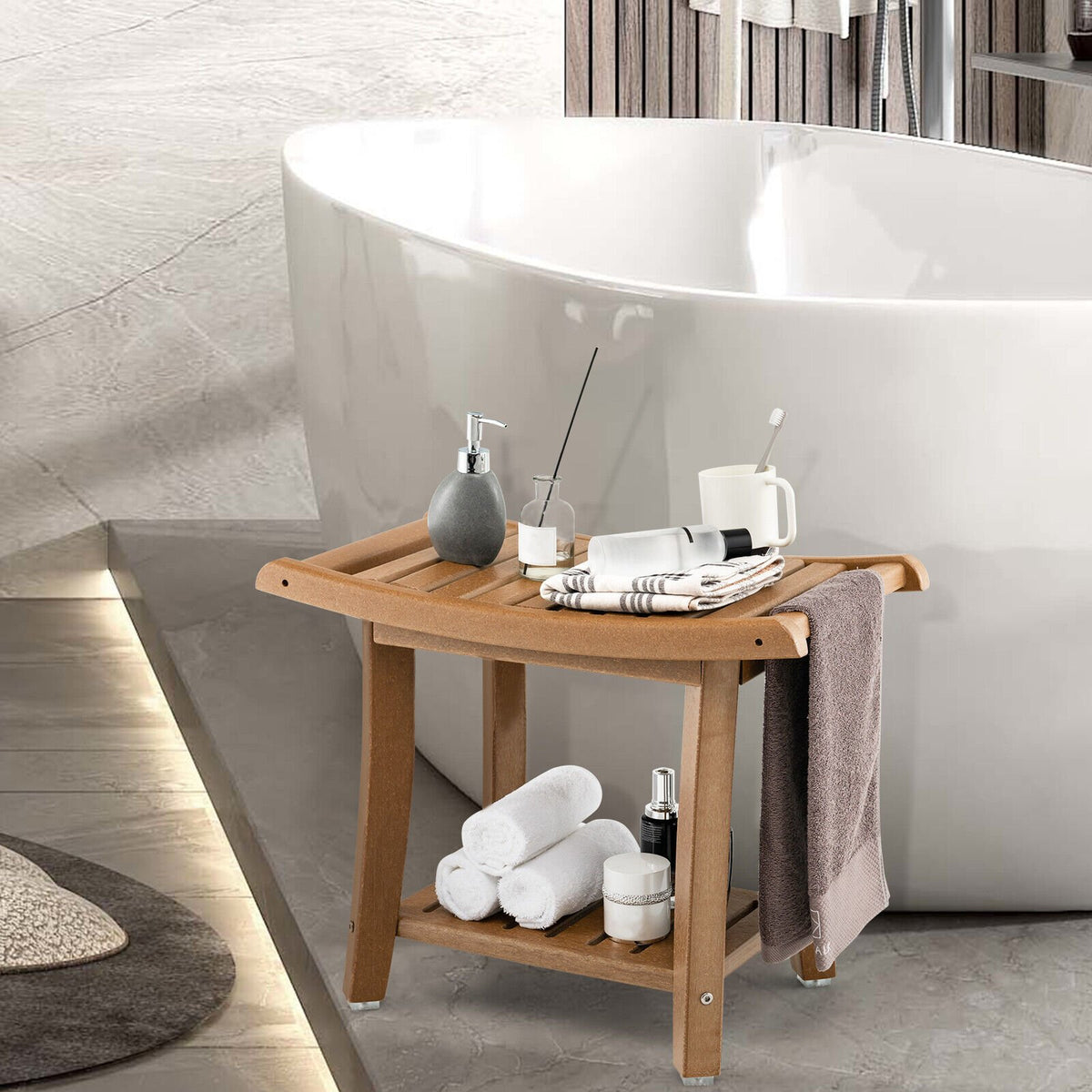 Waterproof Bath Stool with Curved Seat and Storage Shelf-Brown view 2