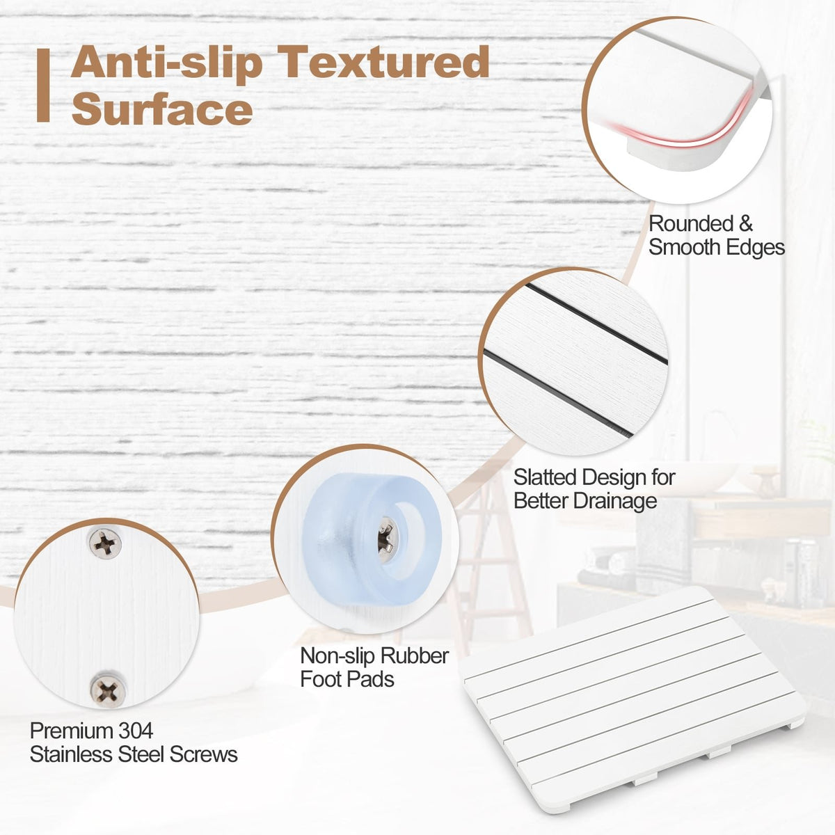 Waterproof HIPS Bath Spa Shower Mat with Non Slip Foot Pads-White view 6