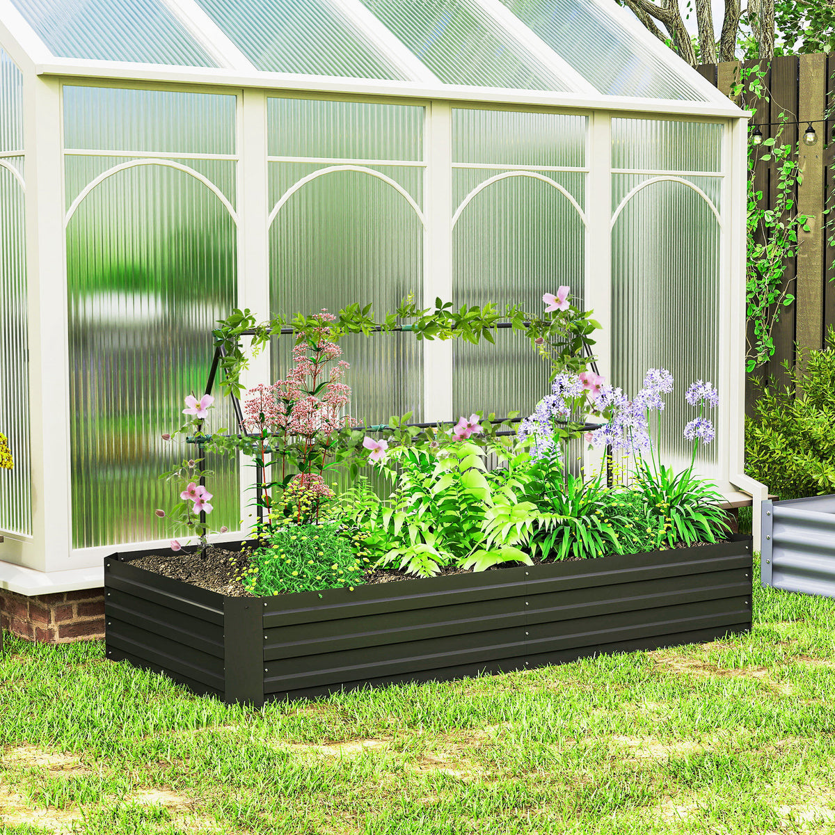6' x 3' x 1' Raised Garden Bed with 2 Trellis Tomato Cages, Steel Frame Elevated Planter Box, Black – view 7