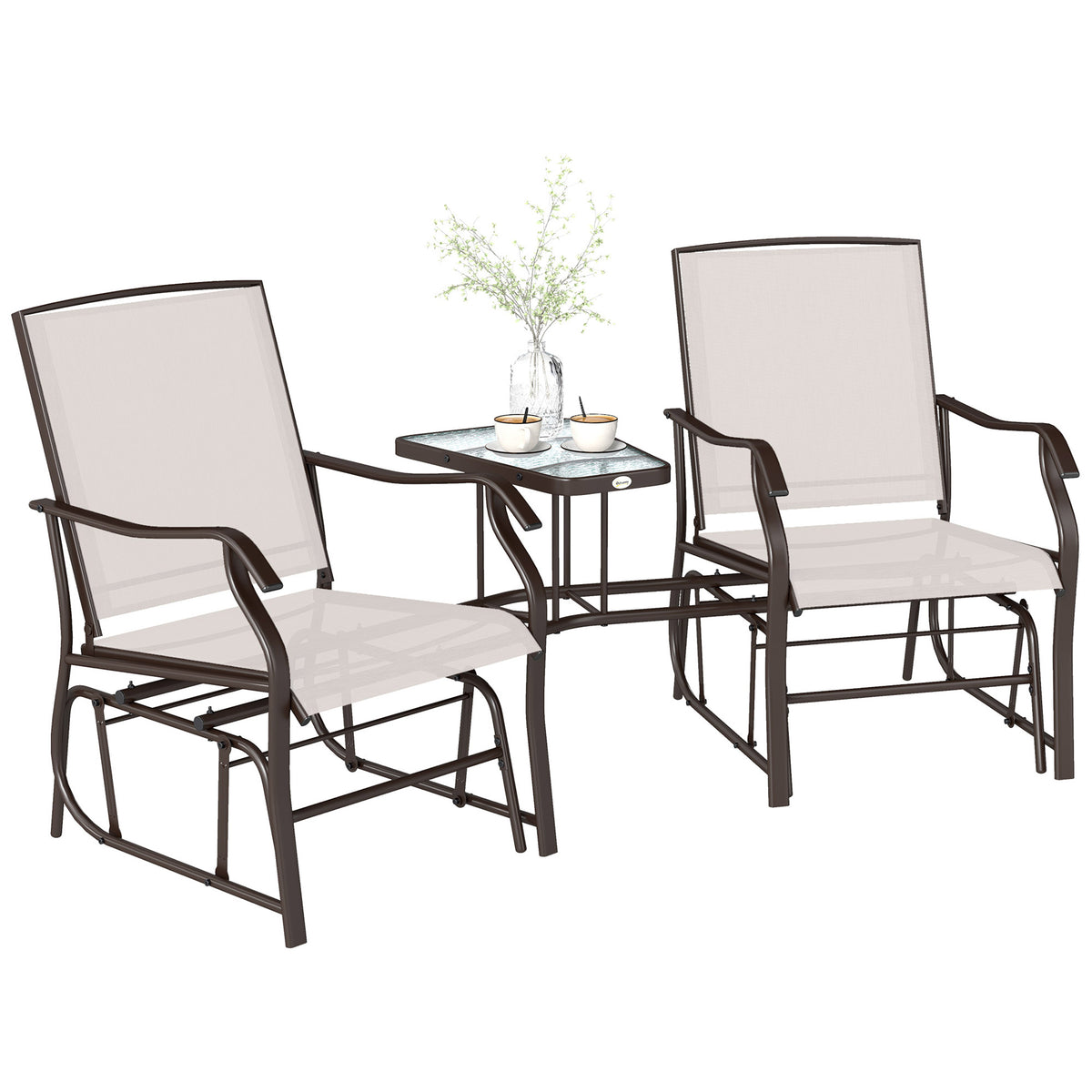 Double Patio Glider Chair with Glass Top Center Table, Outdoor Glider Loveseat with High Back – view 2