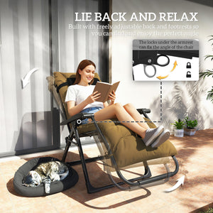 Folding Garden Chairs Set of 2, Reclining Zero Gravity Chair, Sun Lounger with Cushion and Headrest, Khaki