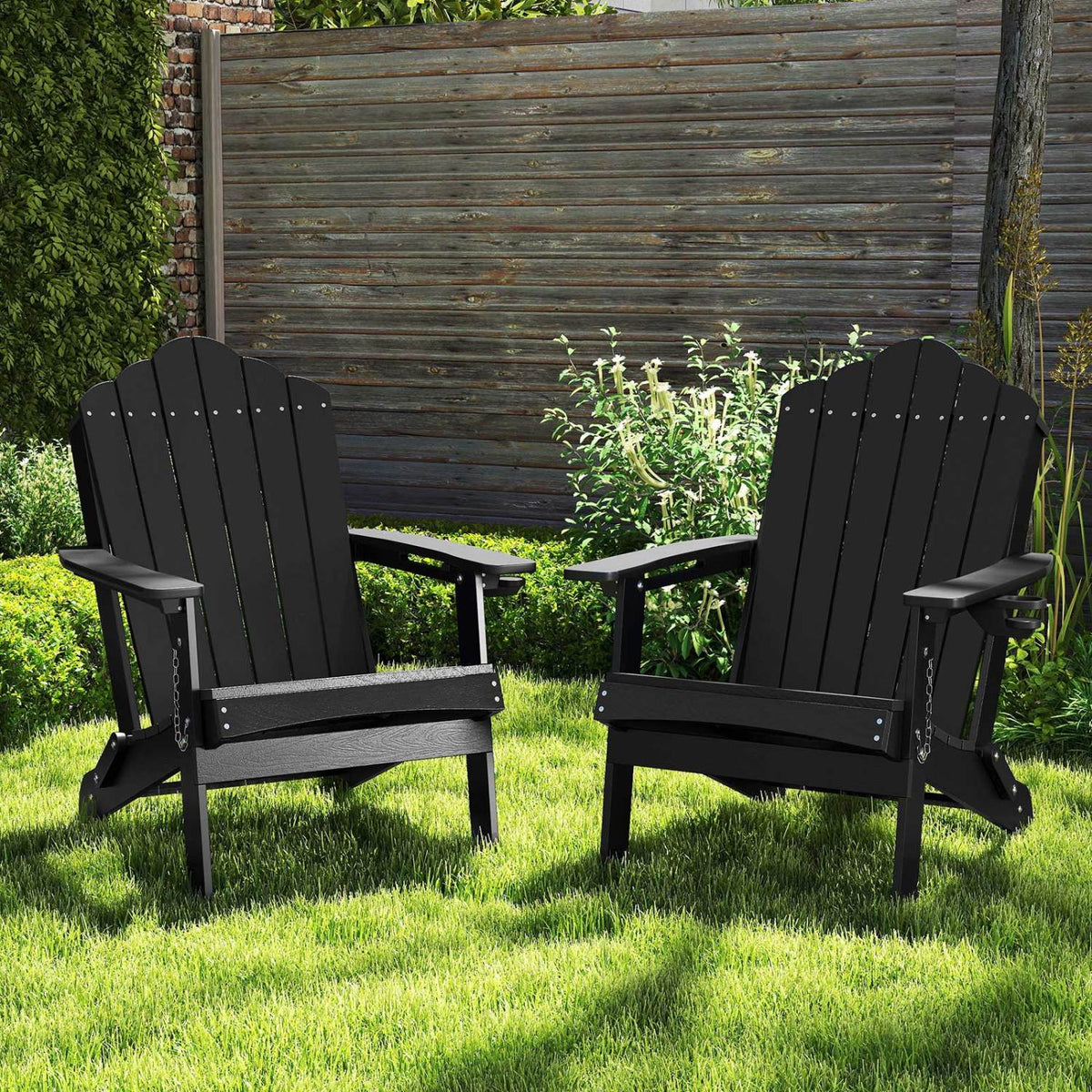 Weather Resistant HDPE Folding Adirondack Chair with High Backrest for Backyard-Black view 2