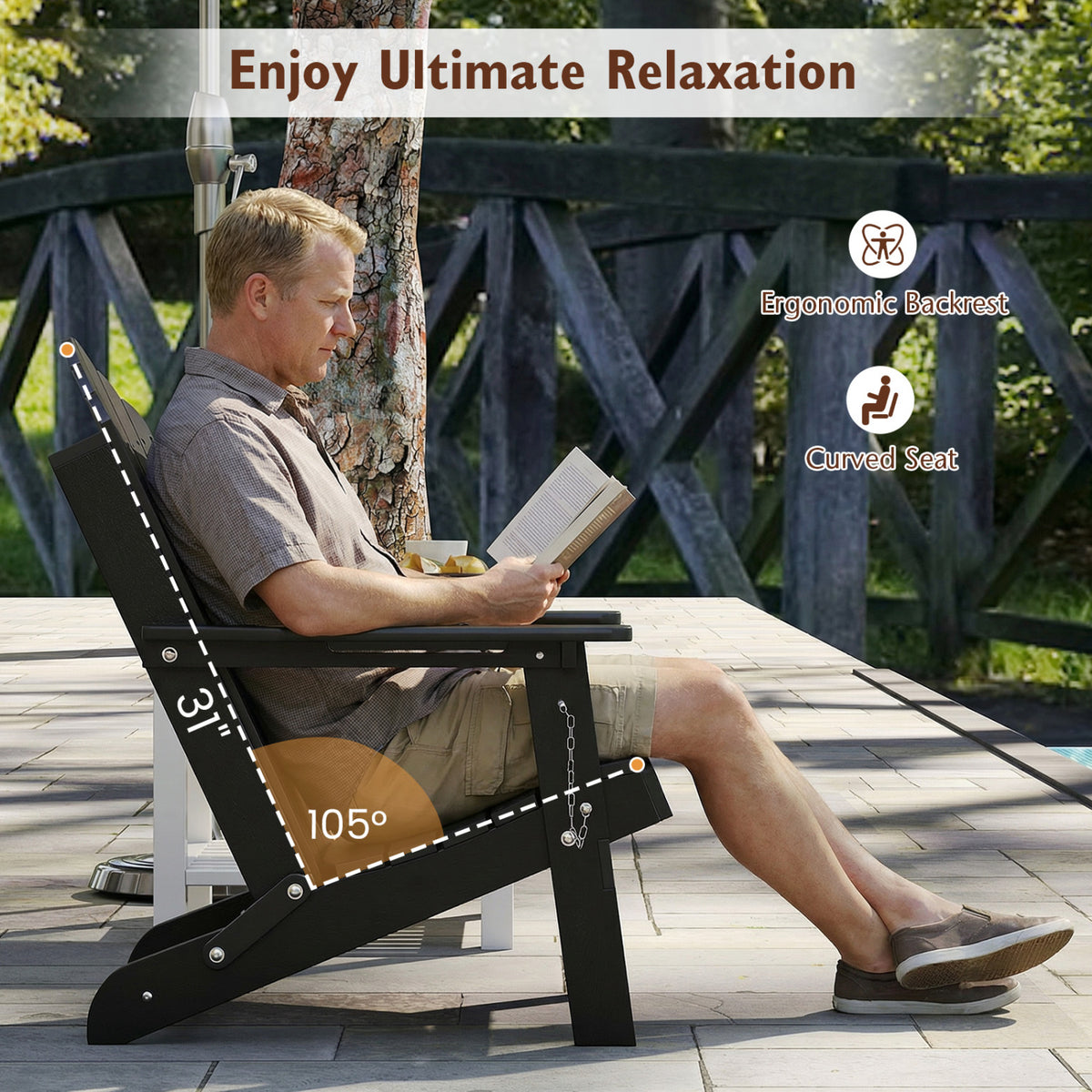 Weather Resistant HDPE Folding Adirondack Chair with High Backrest for Backyard-Black view 5