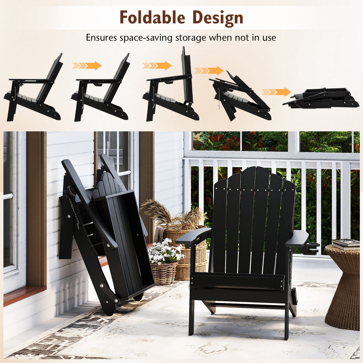 Weather Resistant HDPE Folding Adirondack Chair with High Backrest for Backyard-Black view 6