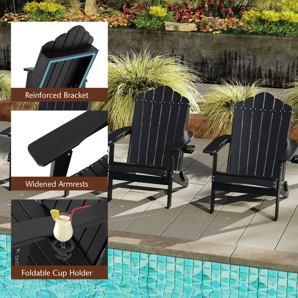 Weather Resistant HDPE Folding Adirondack Chair with High Backrest for Backyard-Black view 7