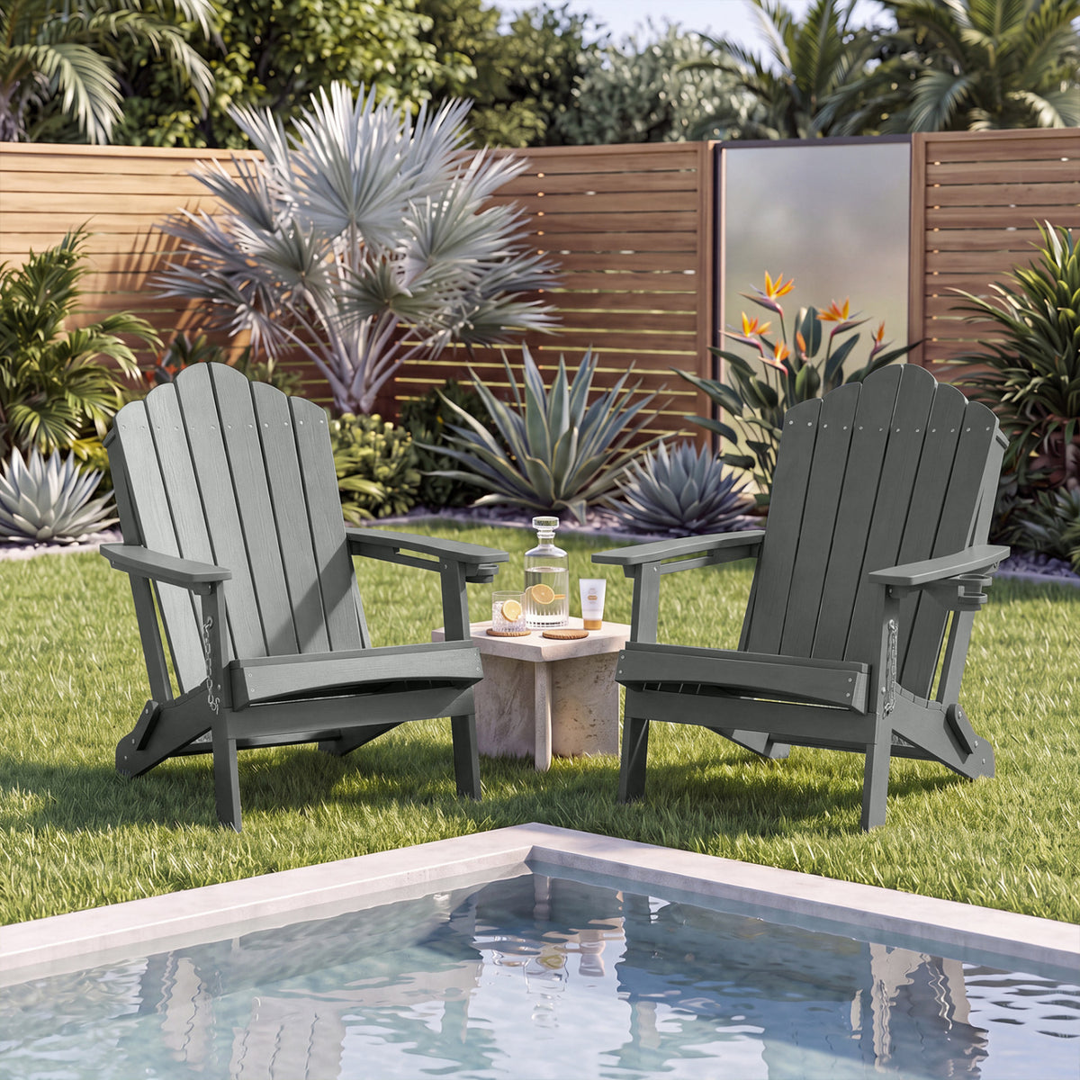 Weather Resistant HDPE Folding Adirondack Chair with High Backrest for Backyard-Gray view 2