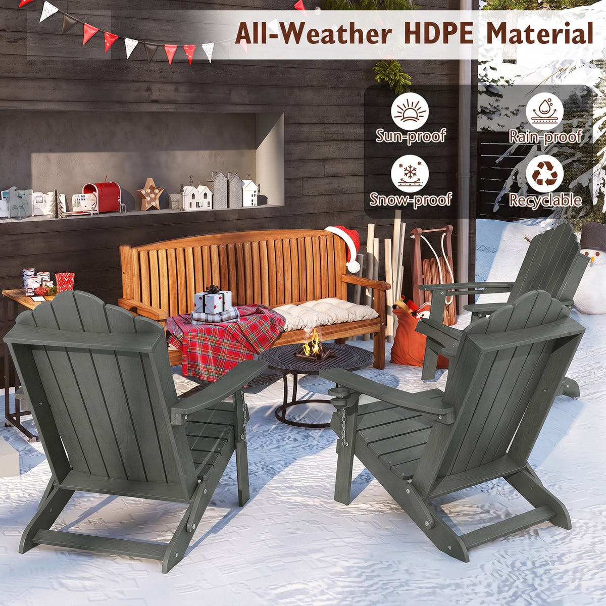 Weather Resistant HDPE Folding Adirondack Chair with High Backrest for Backyard-Gray view 4