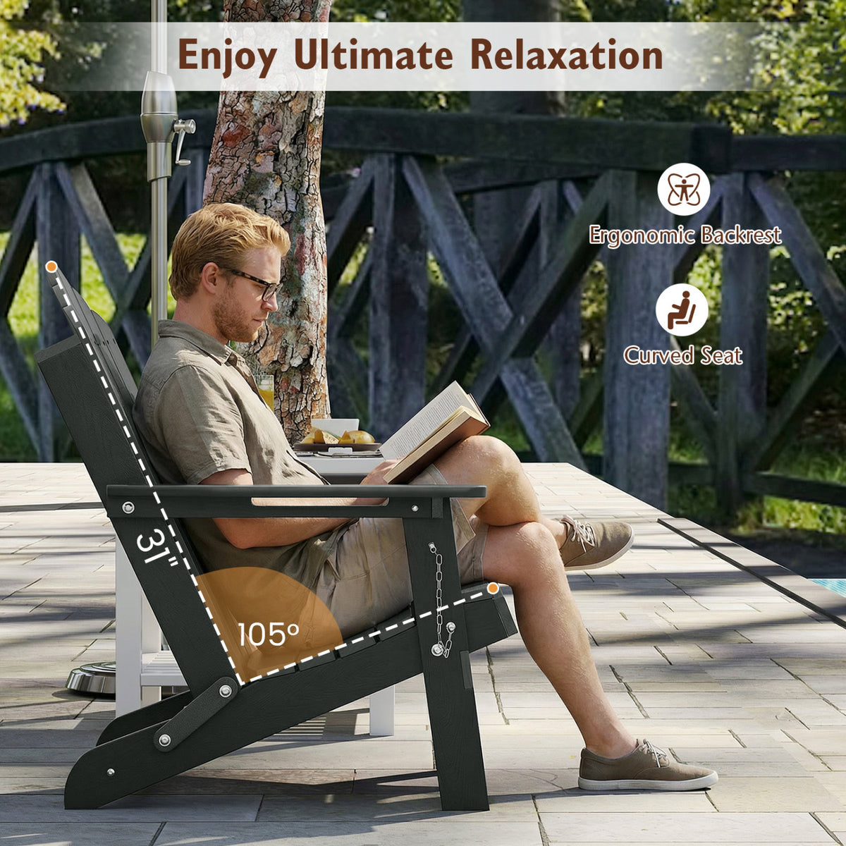 Weather Resistant HDPE Folding Adirondack Chair with High Backrest for Backyard-Gray view 5
