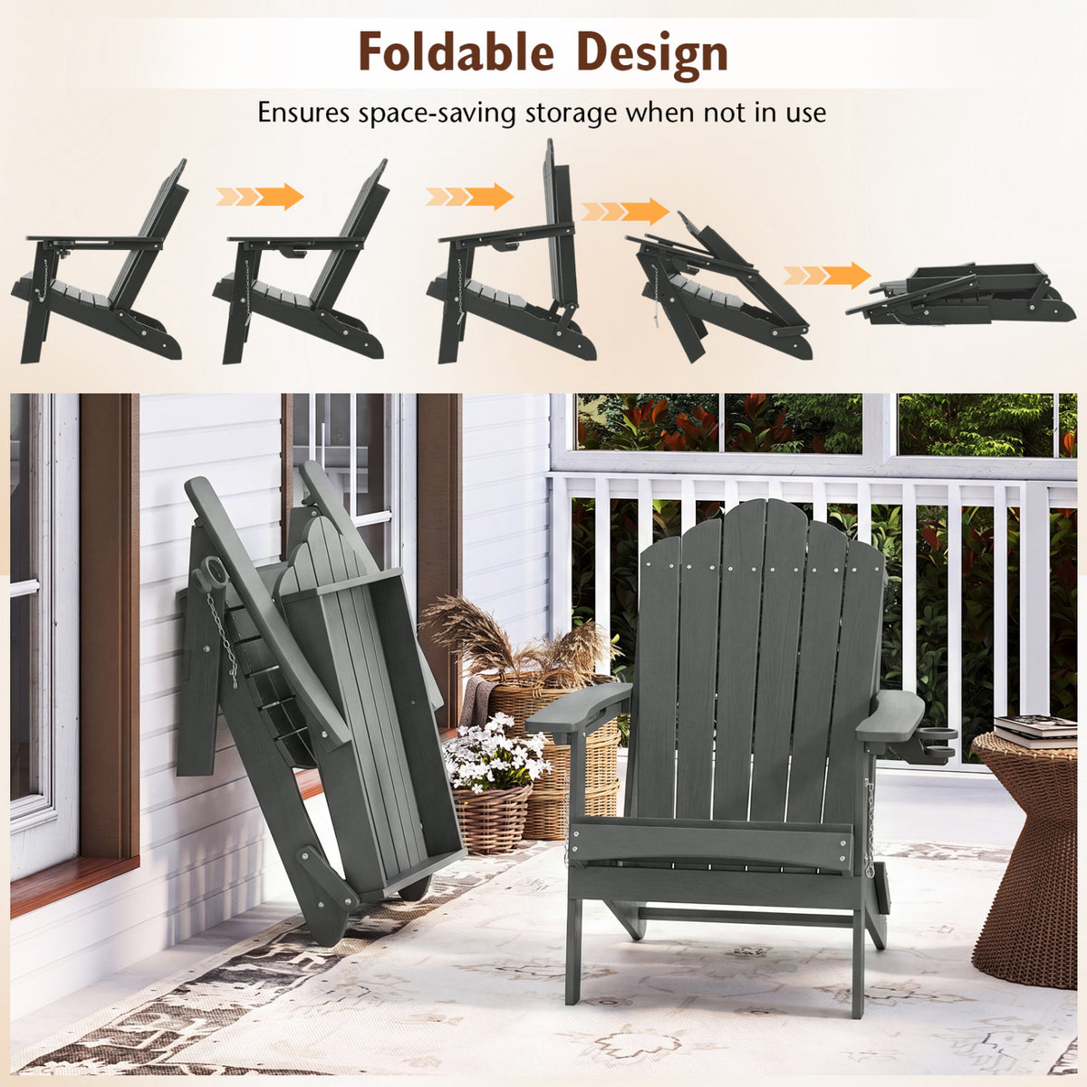 Weather Resistant HDPE Folding Adirondack Chair with High Backrest for Backyard-Gray view 6