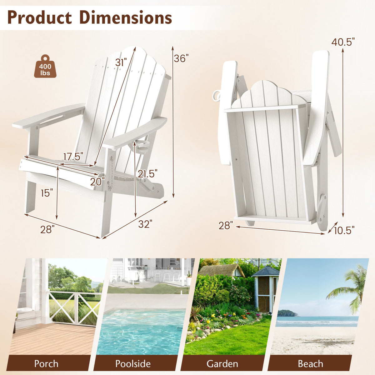 Weather Resistant HDPE Folding Adirondack Chair with High Backrest for Backyard-White view 3