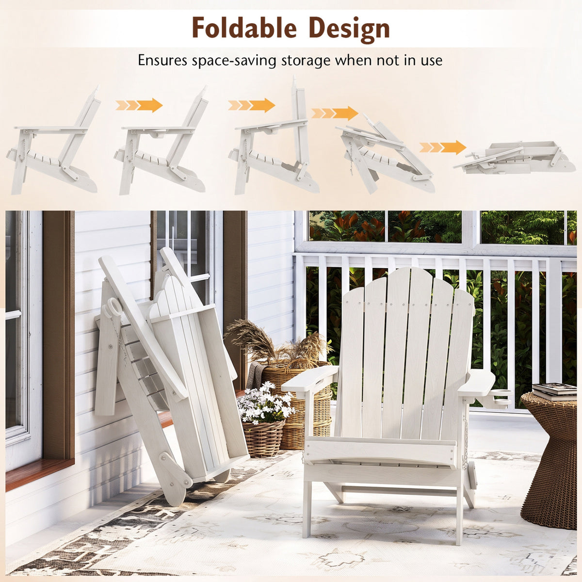Weather Resistant HDPE Folding Adirondack Chair with High Backrest for Backyard-White view 6