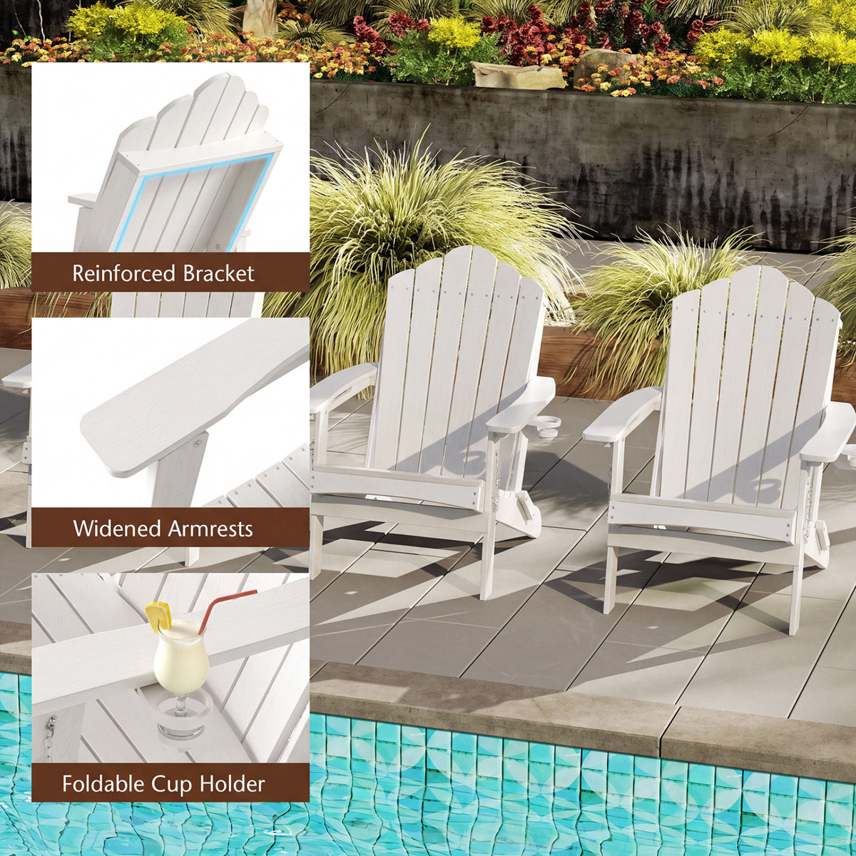 Weather Resistant HDPE Folding Adirondack Chair with High Backrest for Backyard-White view 7